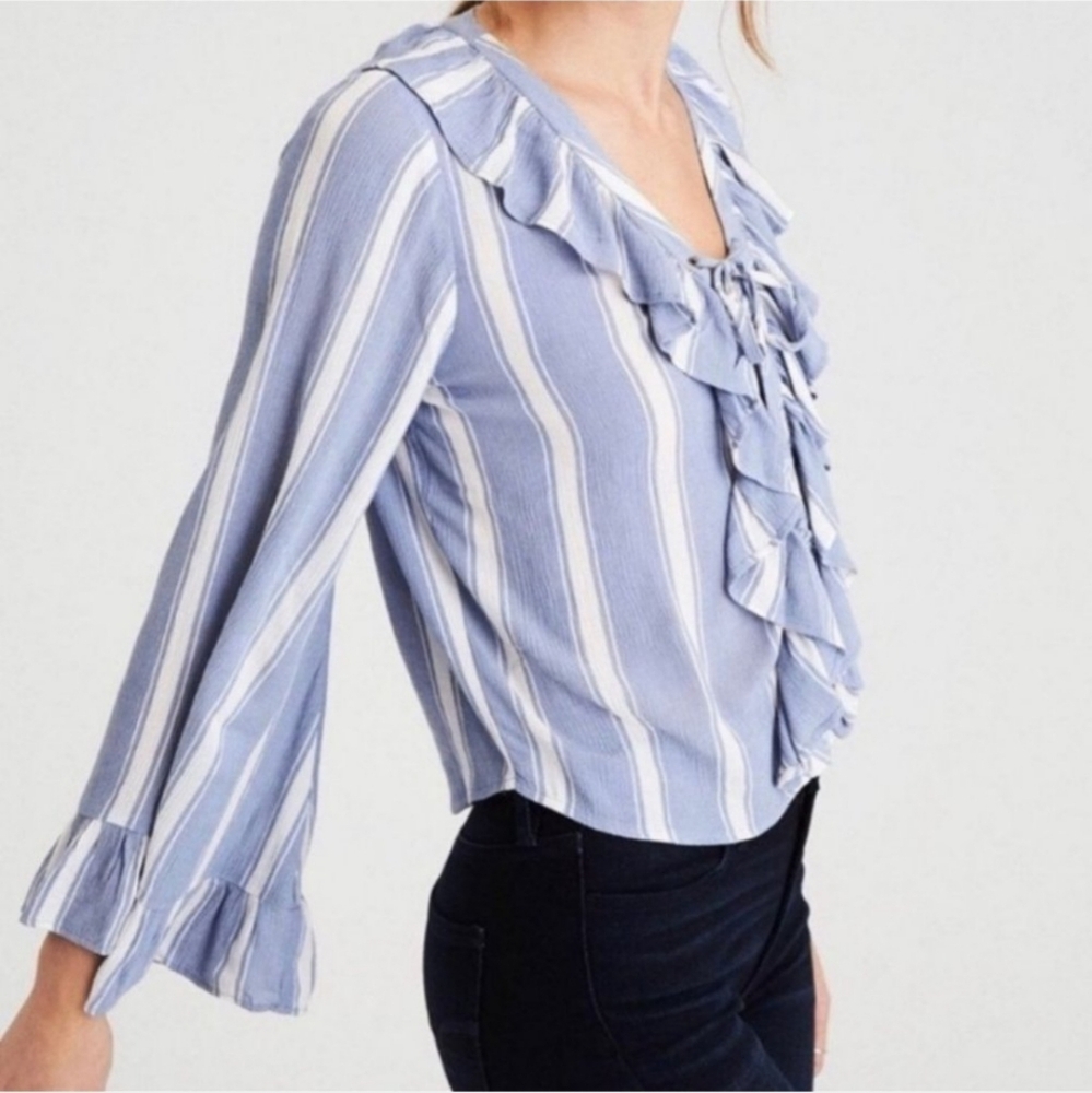 American Eagle Blue and White Ruffled Tie Front Bell Sleeve Blouse